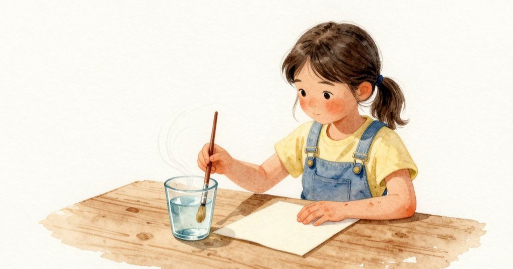 Xanthe 把柔軟的畫筆浸入清水，細細的渦紋在杯中一閃即散。杯緣微微映著光，紙張在旁邊靜靜躺著，木桌紋理溫穩可見，空氣裡留著淡淡的顏料氣味。