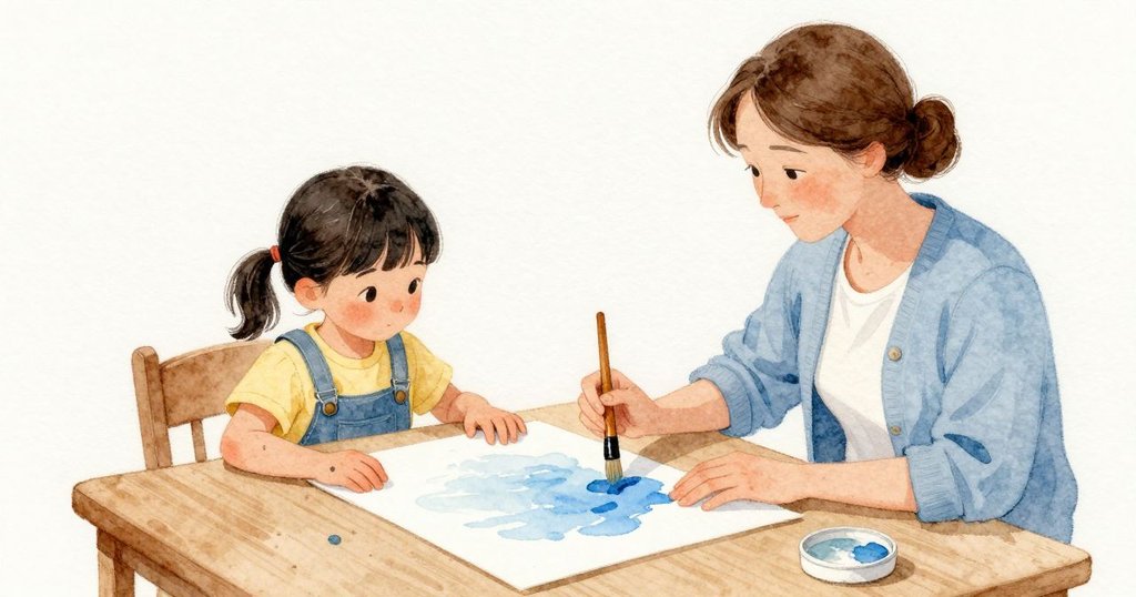 蓋子再次滑落發出輕響，Xanthe 眨了一下眼。母親的畫筆在潮濕的紙上滑行，更多的藍色被鋪開，表面帶著微亮的水光，室內光線偏涼而安靜。