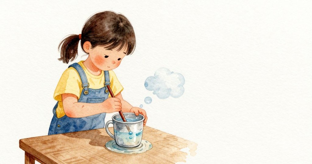 Xanthe 在杯中清洗畫筆，細薄的藍雲在水裡旋開又變淡。她把畫筆橫放在杯緣，一顆圓滴聚起又沉入。紙上那一汪圓圓的小水池仍在，邊緣被拉成更淺的光暈。
