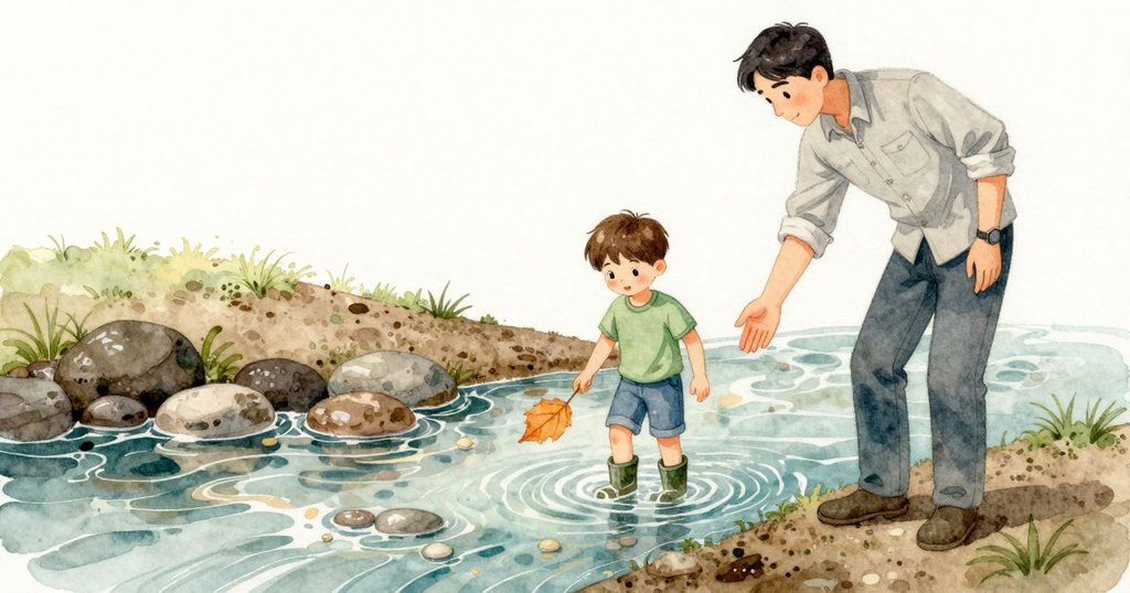 溪流裡一片赭色樹葉被水流慢慢帶著打轉,清澈的水面映著亮光,底下的卵石濕亮發白。靠近岸邊的石頭發黑帶濕,土壤呈深色的潮痕,空氣帶著剛下過雨的泥土氣味。