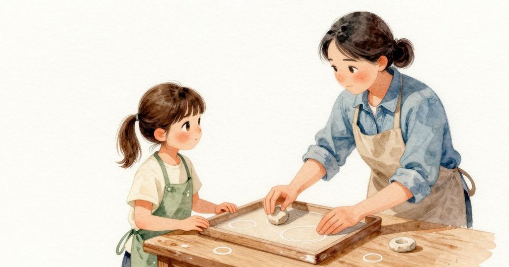 阿姨從晾乾的托盤上提起一件完成的作品,他們一起看著粗糙的底面。她把它先放到旁邊,木面上有兩道淡淡的輪廓。接著她又把作品滑回原本的輪廓,旁邊還留著微弱的第二圈。Farrah只是在一旁看。