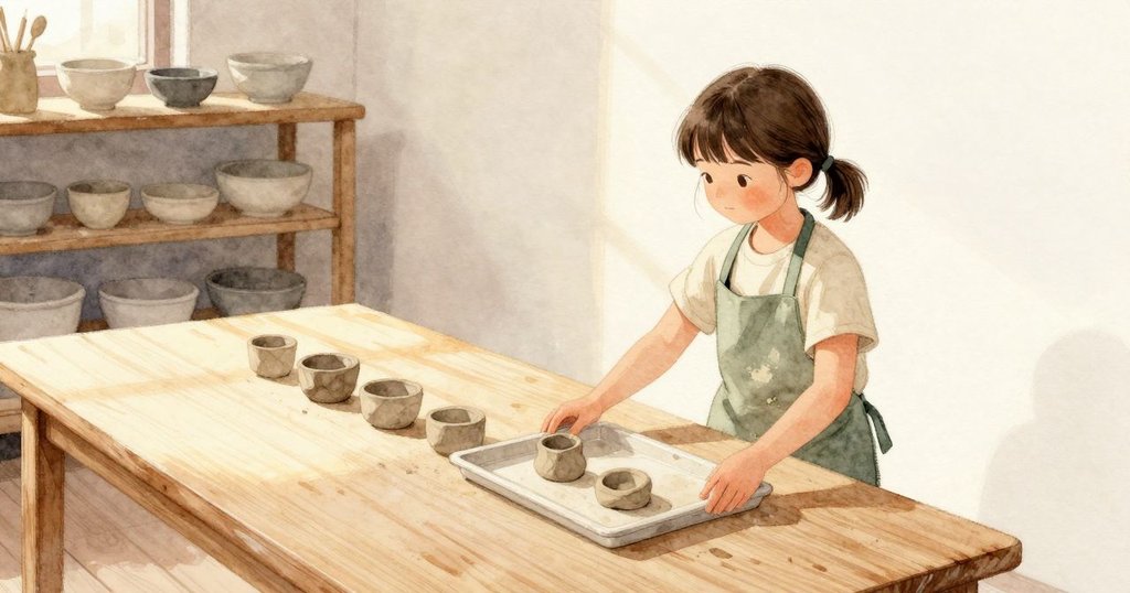 Farrah從晾乾的托盤旁走過,托盤上的小件作品安安穩穩地排在木面上。室內變得靜下來,晚一些的光拉長,木色更暖,空氣裡還留著淡淡的黏土味。