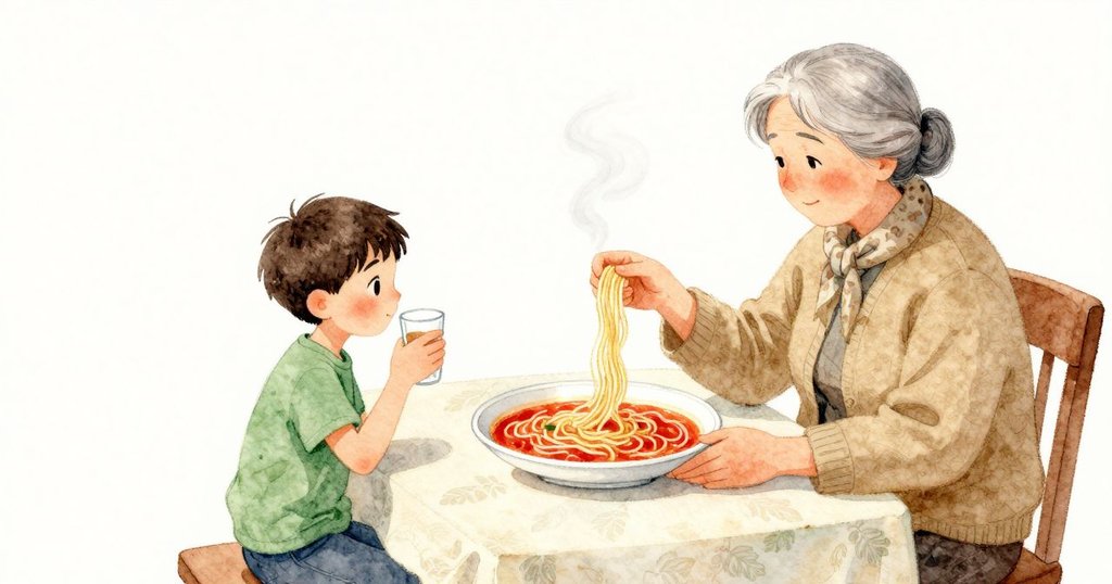 一條麵在盤中滑回原位，留下一點亮光。蒸氣成小小的圈向上盤繞，溫柔地浮在番茄紅上方。白色瓷盤邊緣微暖，日光明亮而平靜地灑著。