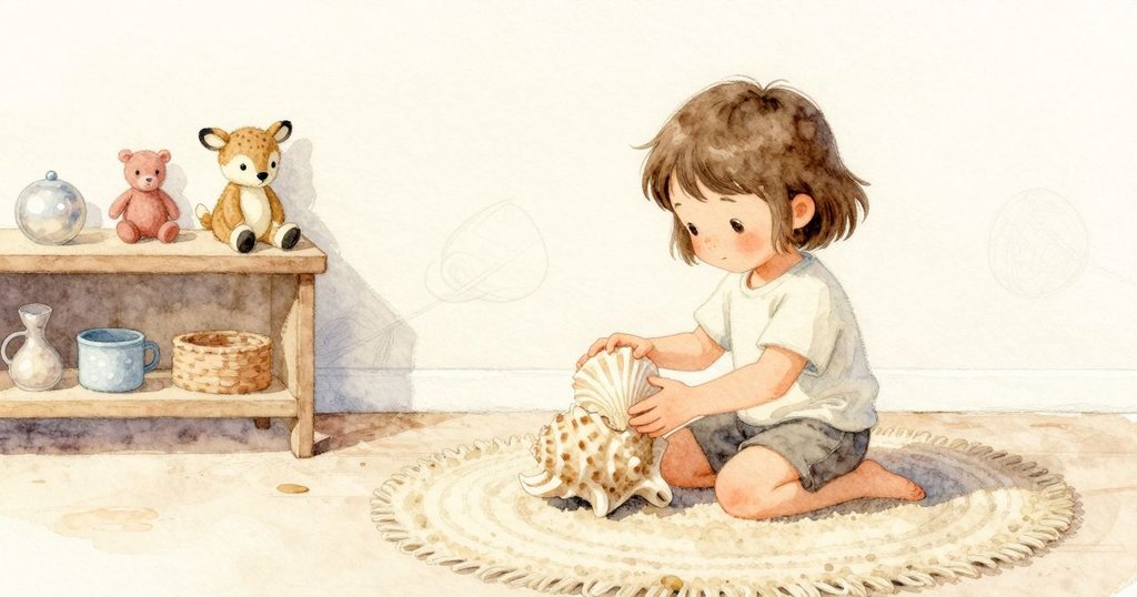 Nell 把小貝殼撿起,手指感到涼涼的波紋,然後把它放在絨鹿旁邊。近處的淡色牆面上有一道很淺的鉛筆線,光線溫和地鋪在架子與玩偶上。