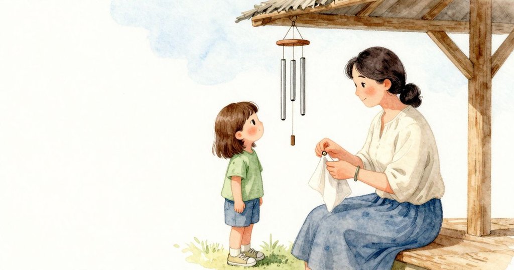 風鈴掛在屋簷下,長管緩緩相碰;Katia仰頭看著。阿姨在旁邊用布擦拭一顆小鈕扣,溫暖的空氣停在簷下,金屬與木頭一起安靜著。