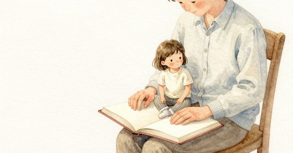 Clara把臉靠在家長柔軟的襯衫上，手掌平貼在光滑的書頁上。書攤在她腿上，頁面在她小手下安穩不動。微弱的窗光讓襯衫的冷色與書頁的乳白靠得更近，呼吸在她背後穩定。