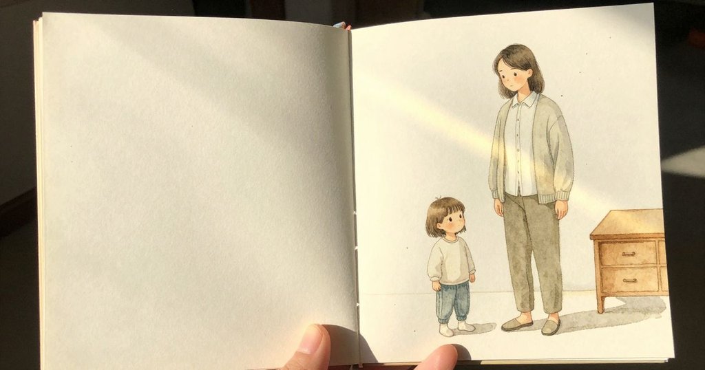 開著的書頁上有一道淡淡的指痕，頁角被一條陽光斜斜地照住，成為溫暖的亮帶。細小的灰塵在光裡慢慢漂浮，書的邊緣整齊，空氣像被陽光輕輕扶住。
