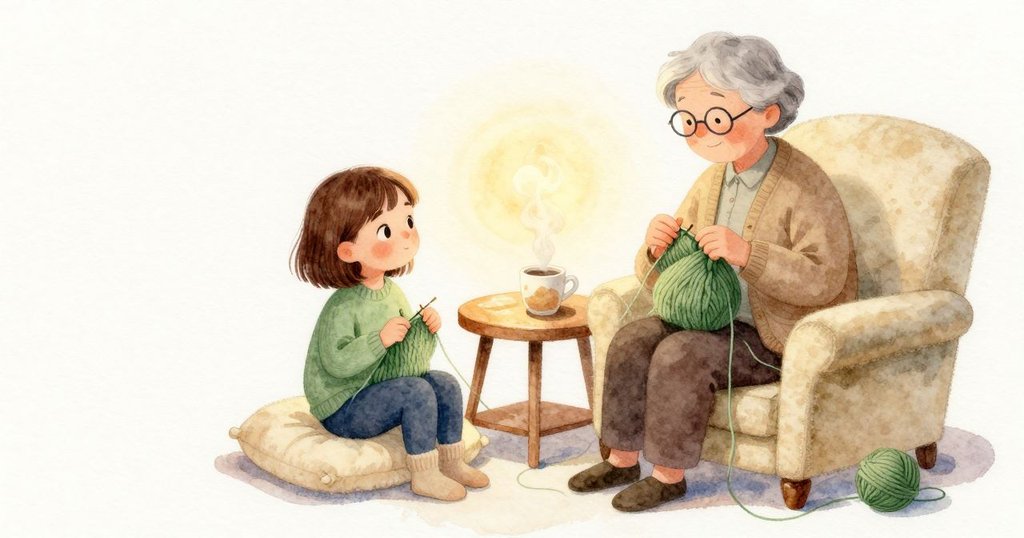 茶杯在邊几上吐出一縷淡淡蒸氣，祖父母雙手平穩編織；Stella 坐在柔軟坐墊上，膝蓋放鬆、腳趾輕貼。毛線球靠在椅腳旁，線頭靜靜拖在地上。房內有溫暖燈光與木質色調，羊毛織物柔和。