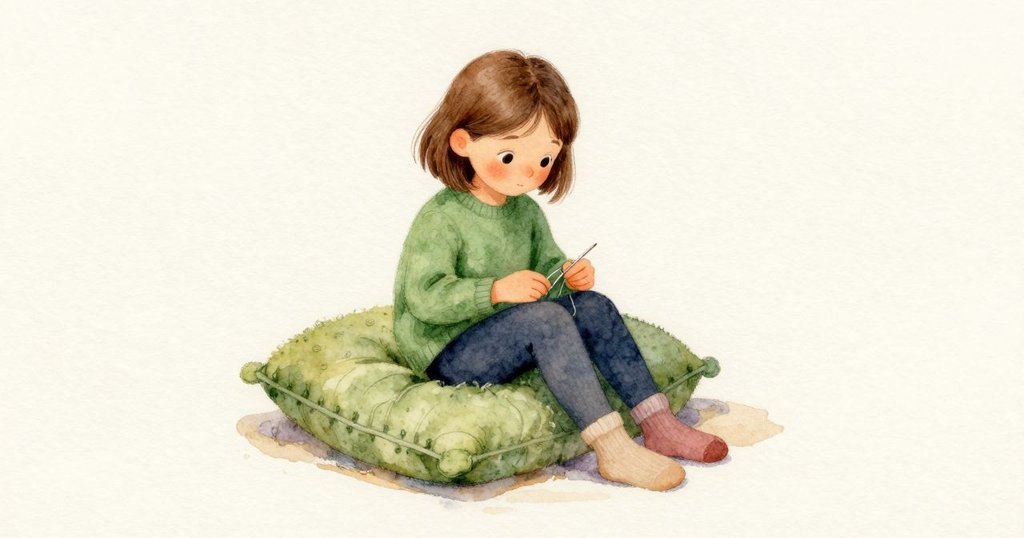 Stella 坐在苔綠色羊毛坐墊上，膝蓋休息、腳趾輕壓；細小線圈整齊排列，坐墊在她髖部下形成一個橢圓凹痕，燈光在織物表面微微閃亮。