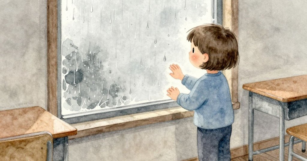 Cora站在窗邊看雨，兩滴雨珠在玻璃上並行又分開地滑下。她的手保持不動，空氣裡還留著淡淡甜甜的膠味。灰光在地板上匯成一片，雨點輕敲後變成慢慢下滑的水痕。