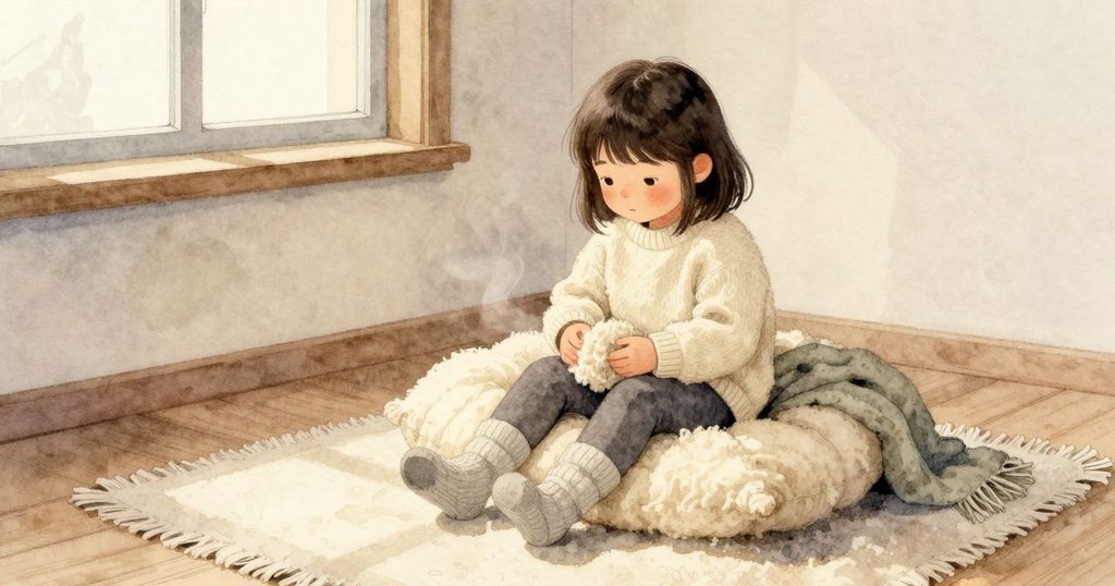 Winter坐在柔軟的坐墊上,膝蓋壓出一個熟悉的小凹痕,溫暖的羊毛氣味在身旁升起。坐墊邊緣圓潤貼著地毯,一條低調的披毯靠在旁邊。淡淡的午後光從窗邊斜進來,讓羊毛織紋的細環發亮,室內安靜而穩定。