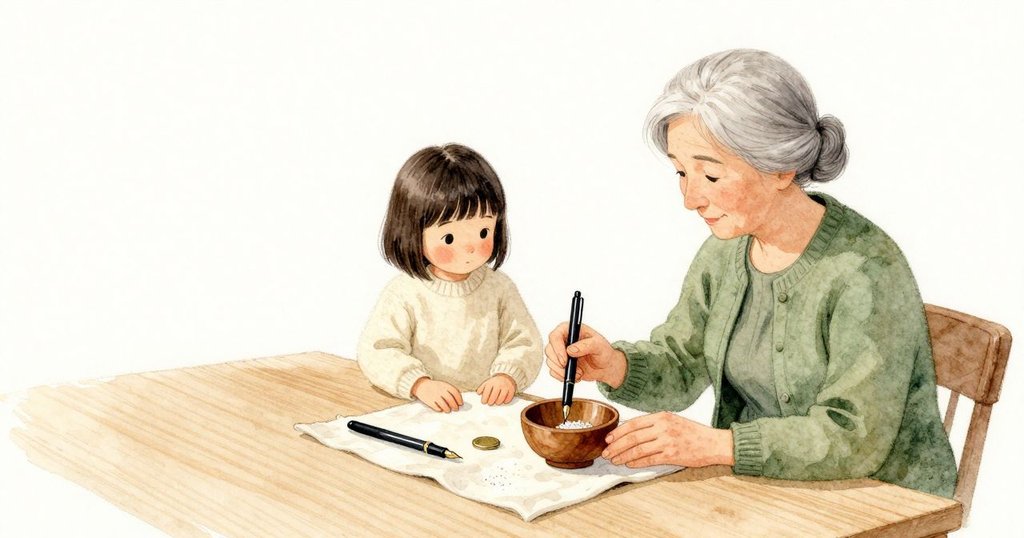 鋼筆在淺色木桌上滾動,輕點了一下小木碗,裡面薄薄的小片翻動出一聲清脆,隨即又平躺。杯墊旁有一粒淡色鹽晶,像亮點一樣細小。鋼筆停在柔軟的布旁,桌面光線均勻而安靜。