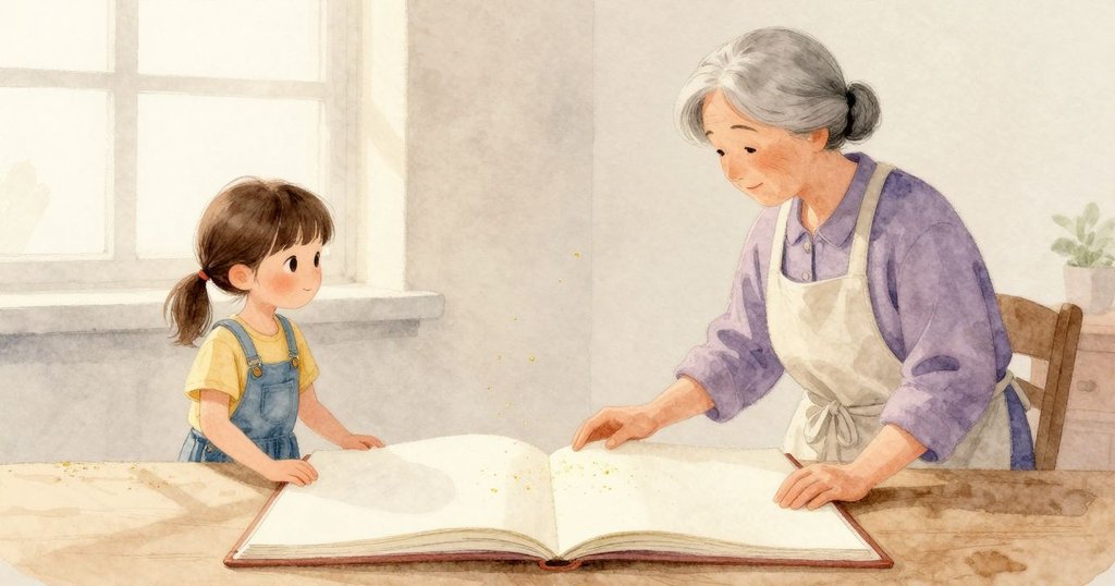 打開的書頁平攤在桌上，淺淺的花粉像金色薄霧落在奶油色的紙面上，窗邊光線輕輕掠過。