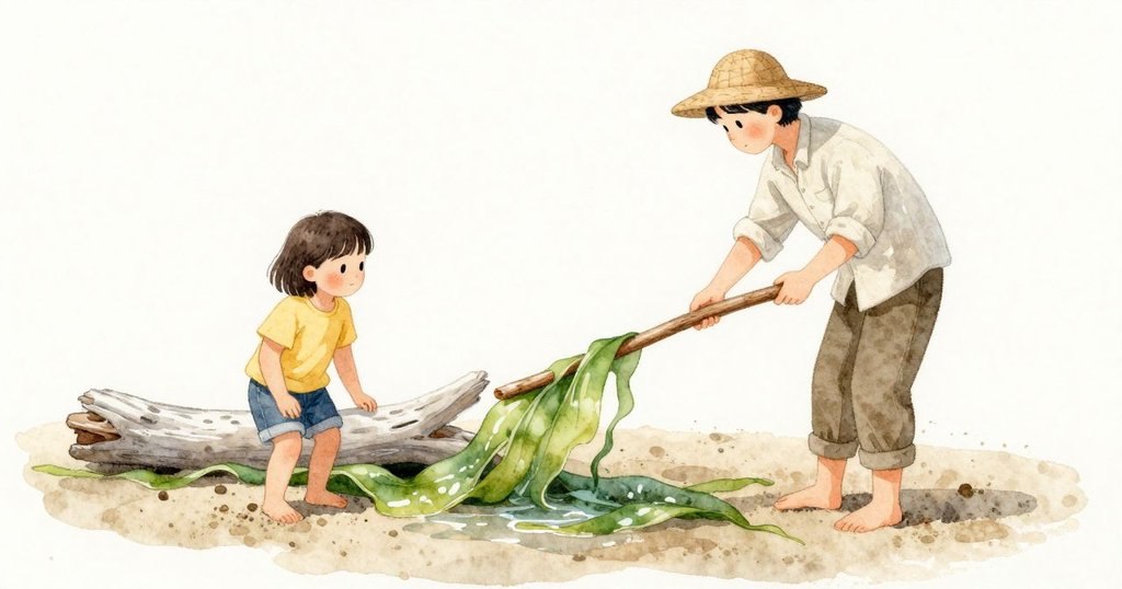 扁平的木枝在漂流木旁，家族朋友把它拿過來，Ula 把木枝滑進海藻底下，邊緣被撐起並保持住。被抬起的部分下方，濕沙微微發亮；漂流木呈現溫淡的銀灰色。