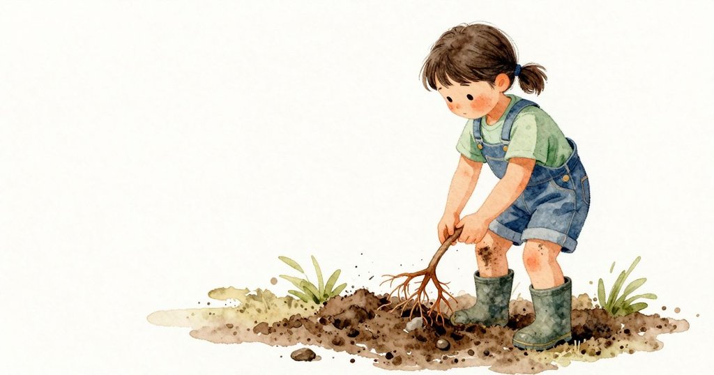 根部仍緊貼著潮濕泥土，Noemi輕拉卻只動一點；橘色表面有細淡紋理，一顆小石子頂在她膝蓋，她停下深吸一口氣，葉蔭讓光線變得柔和。