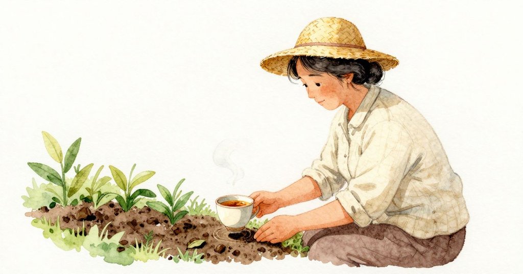 阿姨把陶杯放在畦邊，茶面上有一片棕色茶葉緩緩漂著，細小的水紋由下擴散開去，微熱的蒸氣在空氣裡散掉。