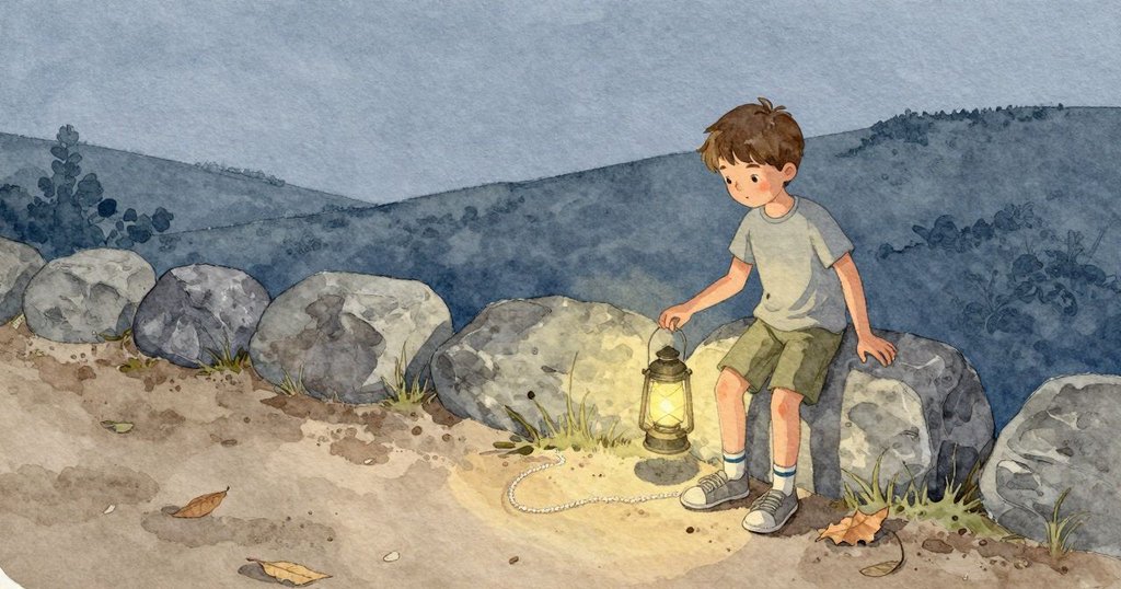 Luke 伸向下一塊石頭,花園邊外是寬闊昏暗的山谷;他的鞋帶圈輕刷過塵土,在地上拖出淡淡痕跡,一片乾脆的枯葉在鞋底發出細裂聲,燈光在這裡已變得微弱而涼。