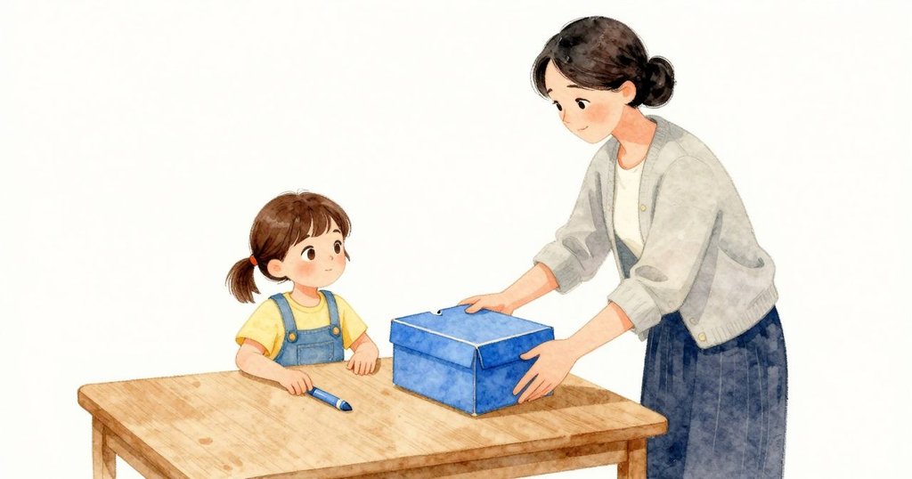 Nadia 伸手到盒邊拿起藍色蠟筆，筆身包裝在較高的盒緣卡住，阿姨用手扶著盒側讓它穩住。蠟筆稍微傾著，包裝貼著紙板邊，側面的日光讓卡住的地方看得清楚。
