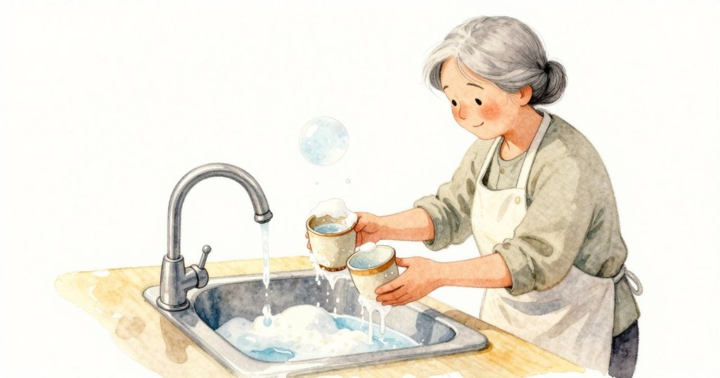 水龍頭口沿落下一滴水,泡泡在洗碗水上升起。祖母雙手在水下沖兩只杯子,水沿著杯緣滑下。鋼槽泛著冷亮,泡沫堆出柔白弧線,遠處檯面被一小片晨光染暖。