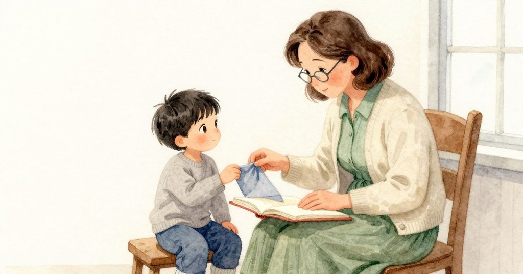 Sam 拿起布質書籤，輕輕放進攤開書頁的縫隙裡；紙面乳白而安靜，布條穩穩躺著。阿姨在一旁近距離注視並溫聲說話；窗邊柔和的側光落在指節、布料與頁緣上。