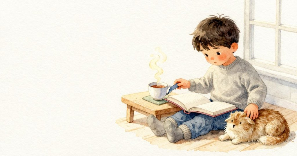 Sam 把書翻回較早的跨頁，取出布質書籤並放回邊桌，安置在方形杯墊旁。茶杯上方蒸氣緩緩盤旋。Sam 用手順著寵物的毛撫過一次，毛髮沿著紋理整齊躺下；打開的書安安靜靜地攤在膝上，窗邊光線帶著暖意。