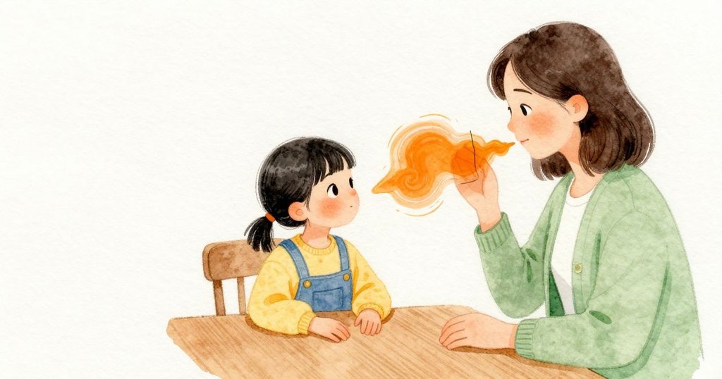 橘色的中心剛畫好仍帶著一點亮澤，隨即在紙上慢慢冷卻變得柔霧；小花留在角落，綠色細線穩穩托著它，日光靜靜鋪開。