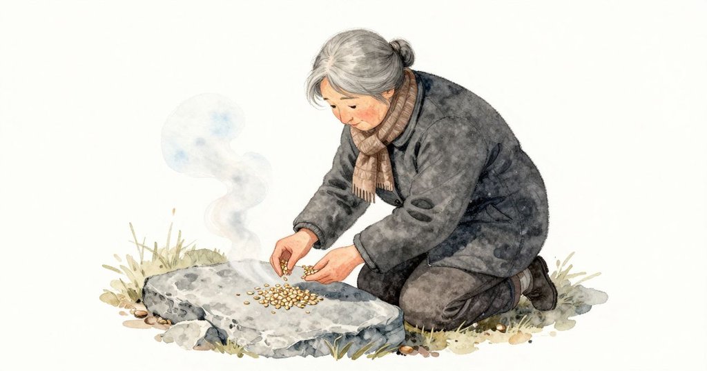 祖母在平石旁跪著,把一小撮細小的種子傾到石面上;淡淡的蒸氣在冷空氣中緩緩漂起又散開。