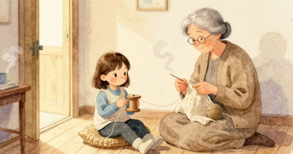 我看著自己掌心的小木線軸,邊緣光滑發白,還帶著幾絲絨屑。膝蓋壓著柔軟的羊毛坐墊,身側有一團鬆鬆的毛線球。左邊是通往走廊的門口,邊上小桌擺著一塊柔軟的布與一縷上升的蒸氣。祖母在椅上編織,針聲輕輕點著溫暖的室內光。