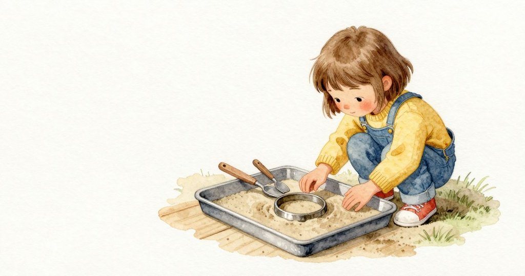 Clara 在工具托盤旁發現一個淺淺的濕痕圓圈。她只是俯身觀察,不用手碰。金屬托盤邊緣暗啞,小鏟子與勺子靜放著,沙面呈淡米色,圓圈深色微濕。