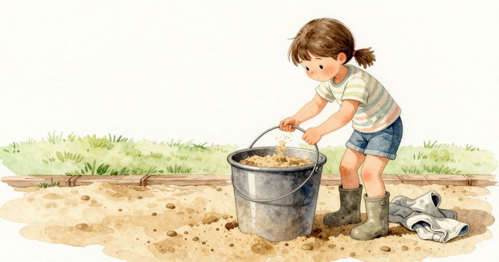 Vera把水桶微微扭動後抬起,黏住的一瞬間鬆開,濕沙順著滑下,留下乾淨挺立的沙柱。沙柱表面較深且光滑,底邊散著較淺的鬆沙;一條細細的輪紋橫過柱面。木邊外仍是柔和的草綠,日光在頂緣暖亮、在縫隙微涼。