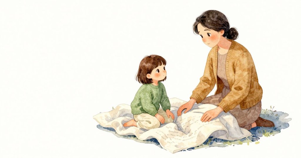 Fiona 的手掌輕放在毯子上,細密的織紋在皮膚上印出小方格;一條早已存在的長摺痕沿著布面安靜延伸,暮色微藍而柔和。