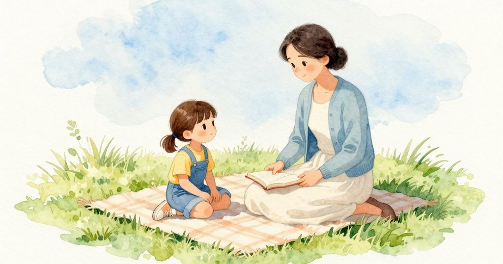 Poppy跪在涼涼的短草上，母親坐在鋪開的毯子上閱讀，打開的書頁平放在她腿上，其中一頁顯出一間小臥室的圖。母親低頭讀著，手扶著書脊；毯子的織紋攤平在草地上，空氣帶著新割草的清甜味，日光柔和而明亮。