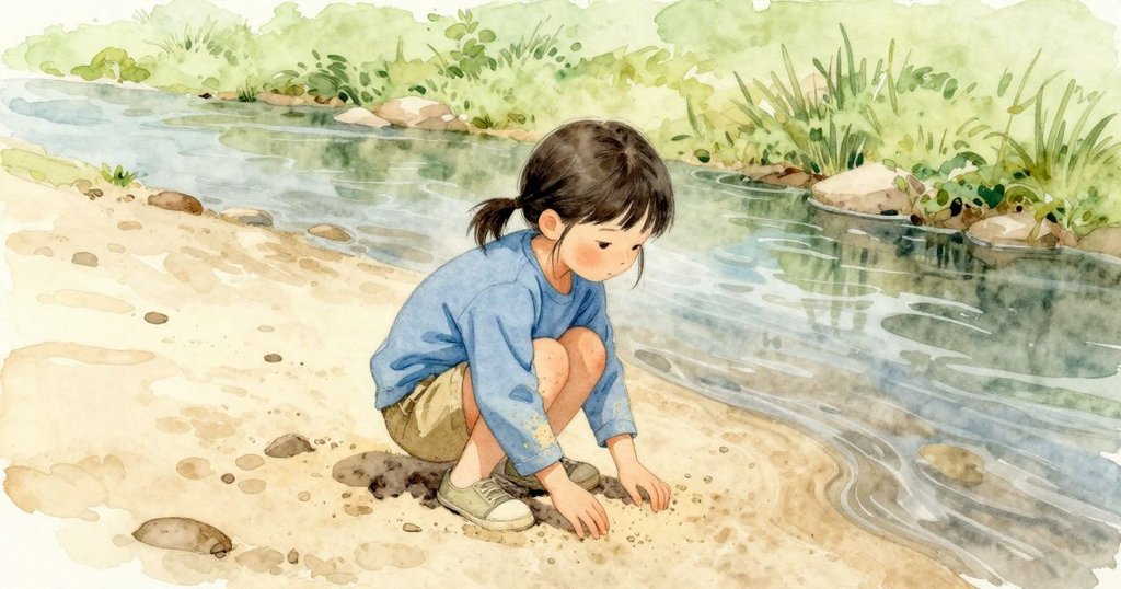 Tara 蹲在小溪邊一動不動,膝蓋壓在溫暖乾燥的沙上,細沙沿著她的小腿與袖口輕輕黏著,旁邊傳來水聲,日光落在她的手臂與淺色沙面上。