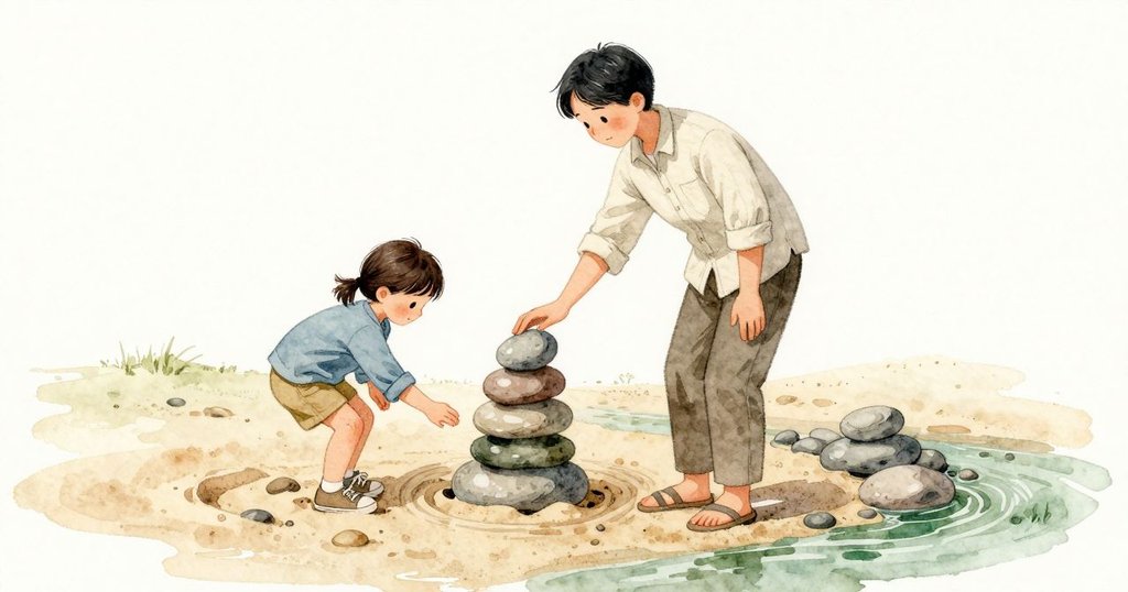 沙面上留著一個淺淺的橢圓印,邊緣光滑不散;旁邊一疊小卵石半築而成,微微傾斜但仍站穩,Tara 在一旁看著,沒有伸手。