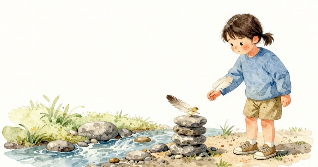 一枚淡色羽毛落在 Tara 的袖子上安靜不動,她看著那疊微斜的石頭依然穩穩撐著;麻雀已鑽入枝葉間,溪水越過卵石的聲音更柔,日光也變得溫暖沉靜。