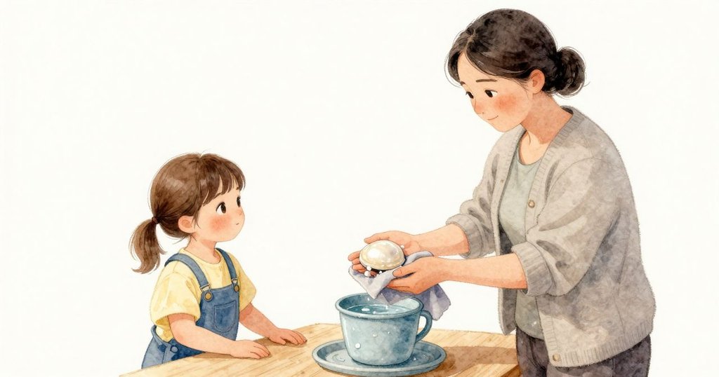 Thea掌心托著一枚圓圓的白色亮殼，水珠停在光滑的弧面上。母親扶著沖洗用的杯子，另一手遞來柔軟的灰色布。杯身淡藍、布邊微濕，日光讓殼面與水珠輕亮。