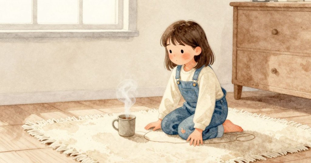 在地毯上,Ada 的膝蓋陷進柔軟纖維,她的手掌貼住地面,毛線圈被壓得扁扁的。旁邊一小塊淡色地板安靜發亮,一只馬克杯冒著細細白霧,淡淡茶香靠近她的手。
