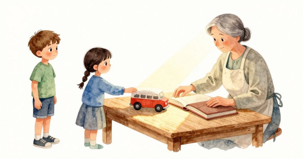 一道暖光停在玩具巴士上；一本闔著的書旁，Lucia的衣袖輕觸玩具小車，小車滾動並輕輕碰了一下書的封面，聲響柔軟而短暫。