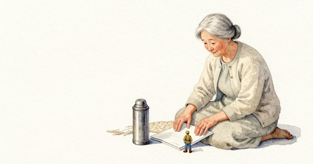 一份對摺的報告壓在保溫瓶下，整齊的摺痕托住瓶身。祖母的手乾淨帶著皂香，停在旁邊。毯子邊緣站著一個小玩具工人，膝蓋留下的壓痕還在，暮色把布面染成柔灰。