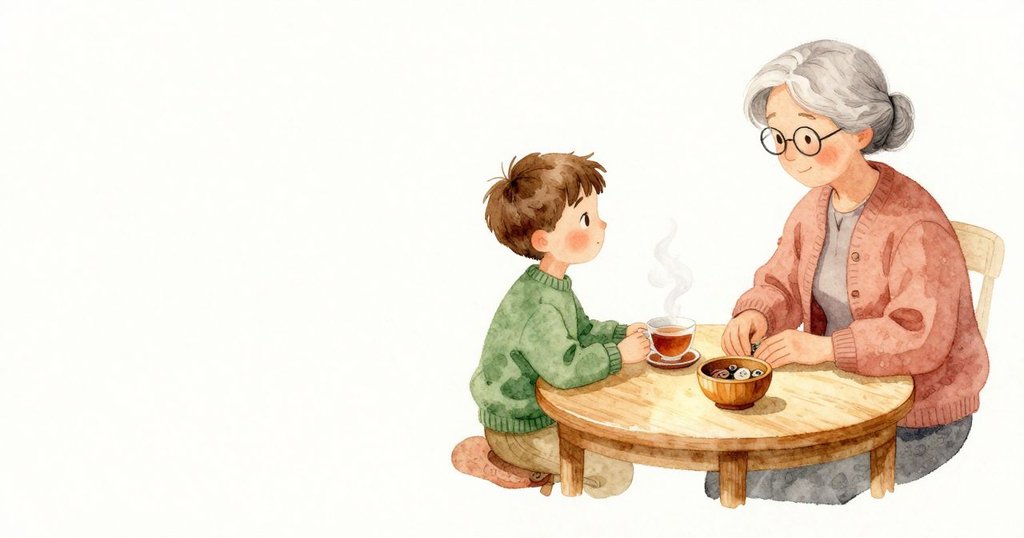 他把目光移向邊桌；茶杯放在杯墊上，細薄的蒸氣緩緩上升；旁邊的小木碗裡安放著幾顆鈕扣，木桌泛著溫暖光澤。