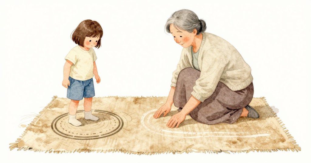 地墊上並排留著兩道痕跡：一道清晰新鮮的輪痕把絨面梳開，旁邊是一道仍可見的淡淡軌跡，像粉塵輕鋪在纖維上。柔和日光掠過，讓絨面與淺淺凹紋的質感清楚可見。