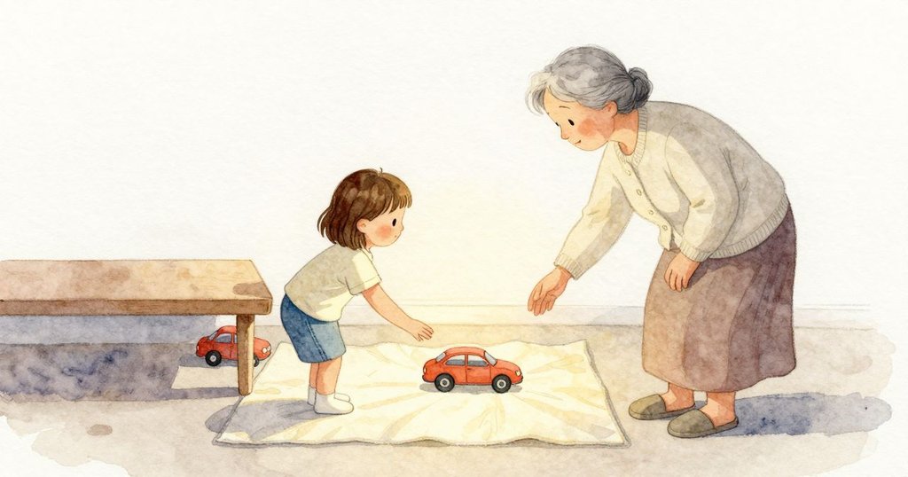 陀螺輕輕碰到藏在低架下的一輛小車，小車便從陰影裡滾出，進入較溫暖的光裡，細小車輪在絨面上輕輕顫動。Janet 在旁觀看沒有伸手。祖母在角落平靜地說著話，目光仍看著地墊，小車一路向前滾。