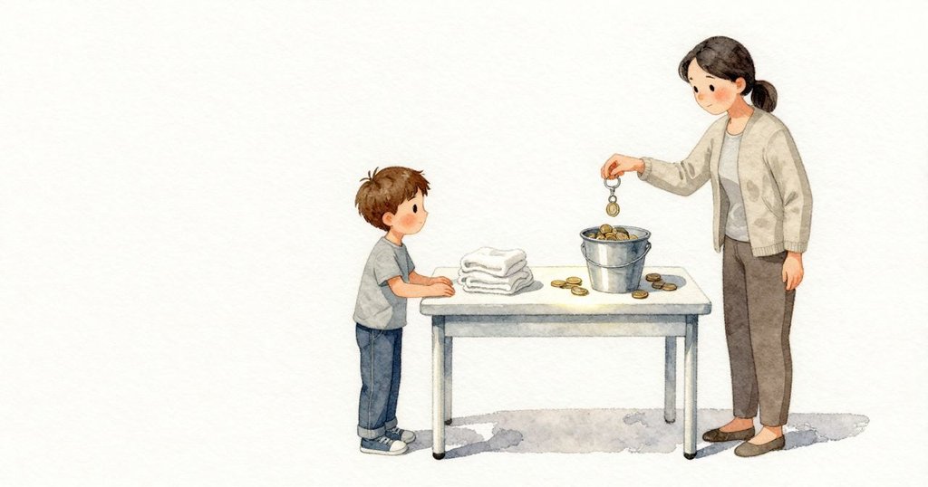 在桌子明亮的一端，毛巾疊成低低的雲狀，Mom 說了「三分鐘」；Lyle 的鑰匙圈從口袋滑出，金屬小機身碰到小塑膠桶，桶一推便撞上先前排好的硬幣。幾枚硬幣邊緣閃光旋轉，接著滾下桌邊，嘩啦滑進他推車底下的陰影裡。