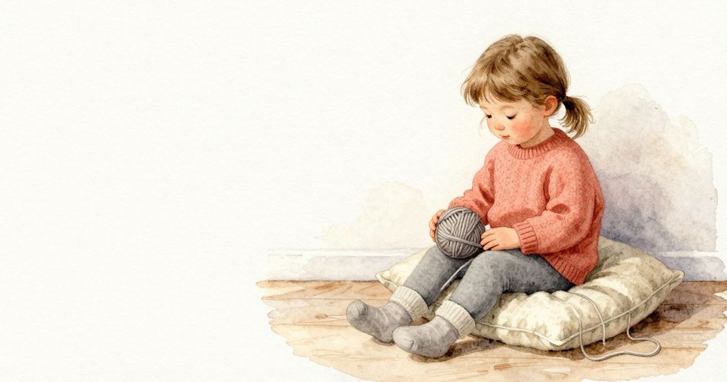 毛線球在 Freya 的膝邊輕輕一轉，Freya 安靜坐在坐墊上，坐墊留下柔軟的凹痕。她的膝蓋壓著溫暖的羊毛織面，淡淡羊毛味在空氣裡停著。鬆鬆的線在坐墊紋理上躺開，旁邊是沉穩的木地板與柔和日光。