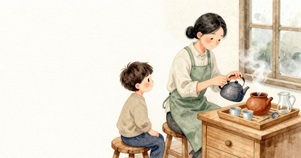 在雨聲輕點窗面的早晨，Hollis 的手懸在溫熱的水壺上方讀著熱度，Faye 把陶壺蓋微微打開，一縷細蒸氣從縫隙斜出。木質有槽茶盤排好小杯，底下的抽屜安靜地收著水漬，小玻璃公道杯與夾子、茶勺、蘆葦細挑一字排開。