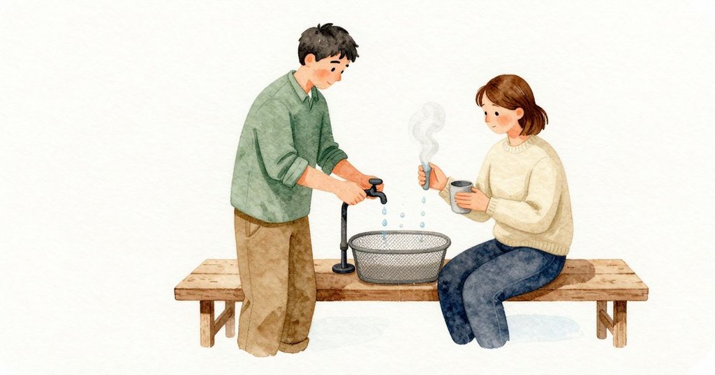 Miles 抬高壺嘴，水滴以幾乎等距的節奏落在濕度盤的網面上，赤玉土吸水又釋放，小小氣泡沿網破裂即逝。Janet 的杯子升起緩慢的白霧，牆外的風鈴偶爾被一陣風碰響一聲；Miles 的呼吸在這些聲響之間保持安穩的頻率。