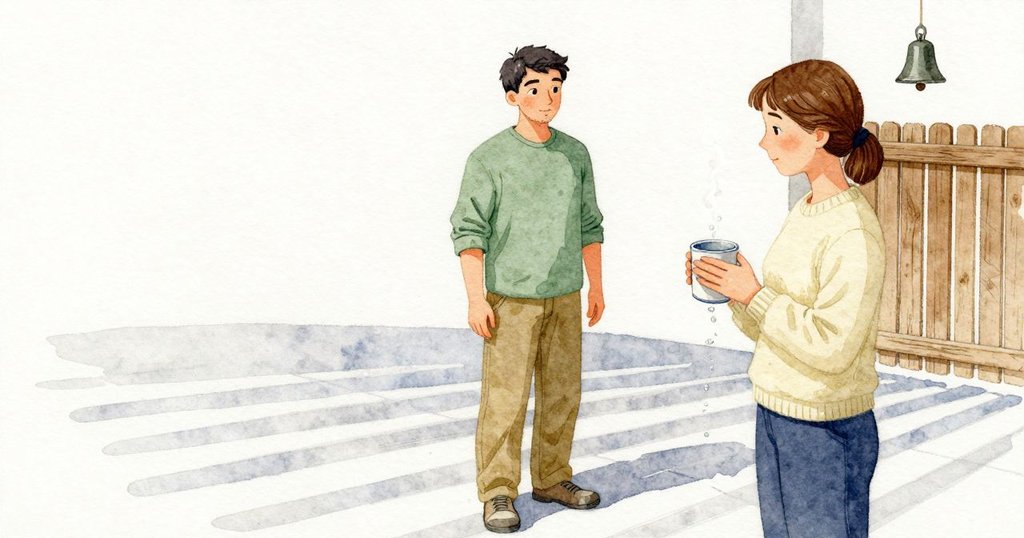 Janet 的杯緣聚起細霧，凝成一顆清亮的小滴，終於鼓脹後慢慢沿杯身滑下；庭院裡條紋般的板條陰影安靜地鋪著，門外傳來一記遲來而清楚的鈴聲。