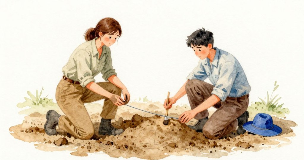 敘述者的視線停在Raine握著的刷子上，刷毛在C3格的淺土上方輕等著，前方是較緊實的黏土與容易抹開的木炭層。她的身體用一膝與另一腳尖支撐穩住，拉緊的方格線貼著他們的膝頭。Tobias在對面同樣跪著，他的蔚藍帽子放在土堆上。陽光正中，乾土在細刷下發出輕輕的粉塵。