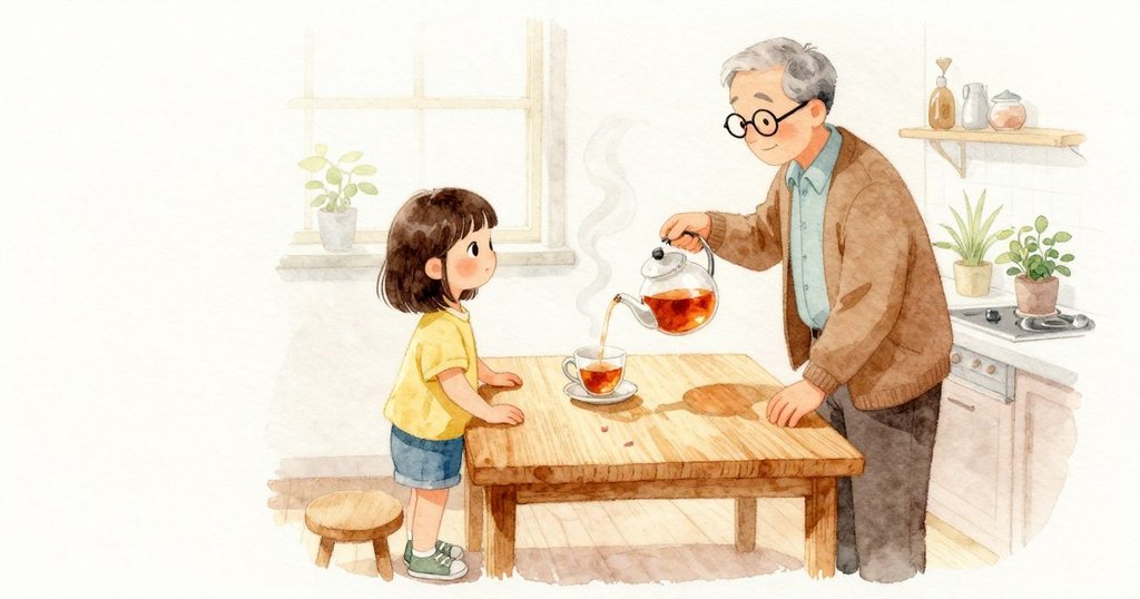 在廚房的早晨,祖父正把茶倒進小杯,蒸氣緩緩上升。一片花瓣在空氣裡轉著,短暫停在杯緣附近又飄開。Juno 靠近看,手輕放在溫暖的木桌上,窗邊的柔光讓茶壺的釉面微亮。
