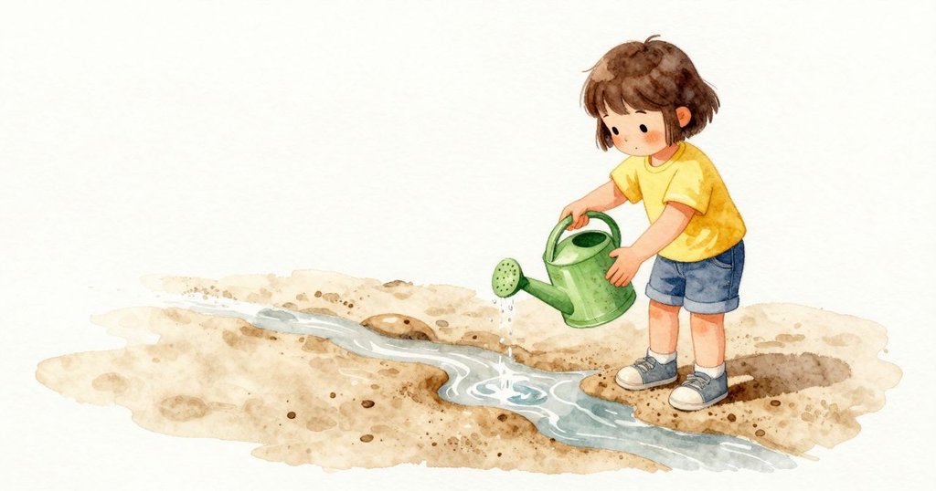 Keira先把桶口擦乾淨，再把綠色澆水壺傾斜，一條細細的水流灑下，讓沙面從淺色慢慢變深，邊緣柔軟而發亮。